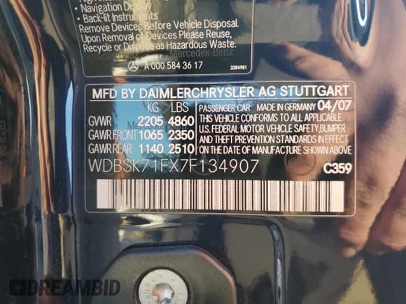 ✅ 2007 Mercedes-Benz SL 550 • VIN: WDBSK71FX7F134907 • Lot: 51100175. Listed on Copart with 133,355 mi. Free auction sales archive from the USA and detailed vehicle history report at DreamBid. Image 12.