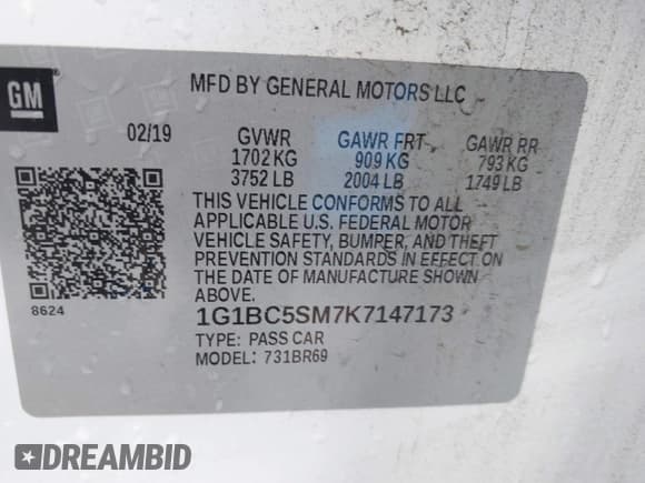 ✅ 2019 Chevrolet Cruze LS • VIN: 1G1BC5SM7K7147173 • Lot: 43303851. Listed on IAAI with 97,811 mi. Free auction sales archive from the USA and detailed vehicle history report at DreamBid. Image 9.