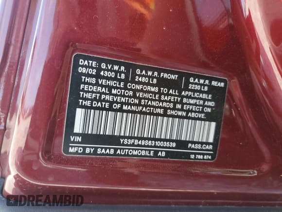 ✅ 2003 Saab 9-3 Linear • VIN: YS3FB49S631003539 • Lot: 60832715. Listed on Copart with 125,760 mi. Free auction sales archive from the USA and detailed vehicle history report at DreamBid. Image 13.