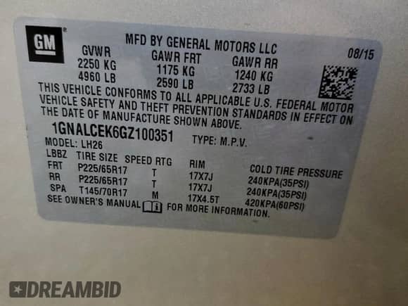 2016 Chevrolet Equinox LT z VIN 1GNALCEK6GZ100351, wystawiony jako Copart lot #60503345 z przebiegiem 54 057 mil mil oraz Szkoda całkowita • Salvage title. Historia ofert i sprzedaży dostępna na DreamBid. Obrazek 14.