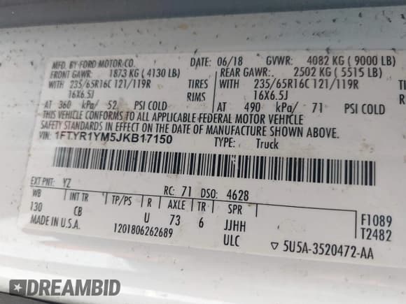 ✅ 2018 Ford Transit • VIN: 1FTYR1YM5JKB17150 • Лот: 41597583. Опубликован ранее на IAAI с пробегом 59 141 миль. Бесплатный доступ к архиву аукционных продаж из США и подробный отчёт об истории автомобиля на DreamBid. Изображение 9.