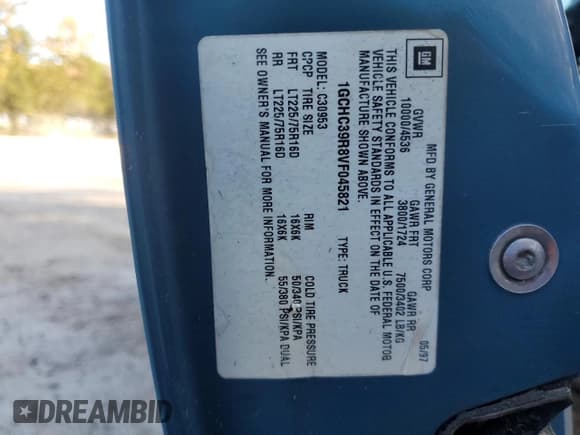 ✅ 1997 Chevrolet Silverado 3500 • VIN: 1GCHC39R8VF045821 • Lot: 78698034. Listed on Copart with 127,490 mi. Free auction sales archive from the USA and detailed vehicle history report at DreamBid. Image 14.