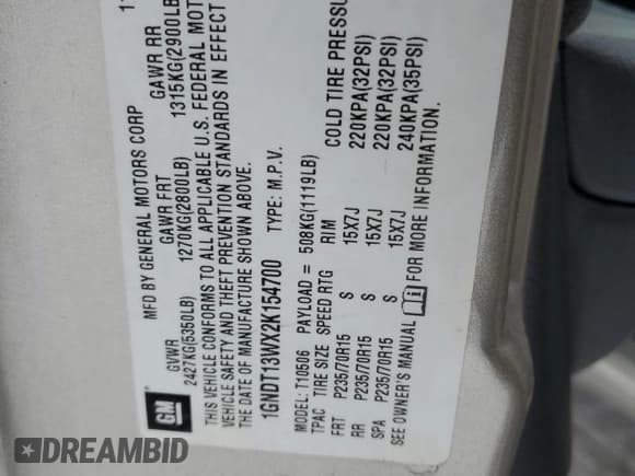 ✅ 2002 Chevrolet Blazer LS • VIN: 1GNDT13WX2K154700 • Lot: 88347655. Wystawiony na Copart z przebiegiem Nie podano. Bezpłatny archiwum sprzedaży aukcyjnych z USA i szczegółowy raport historii pojazdu na DreamBid. Zdjęcie 14.