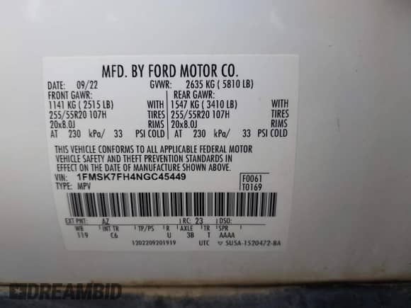 2022 Ford Explorer Limited z VIN 1FMSK7FH4NGC45449, wystawiony jako IAAI lot #43001617 z przebiegiem Nie podano mil oraz . Historia ofert i sprzedaży dostępna na DreamBid. Obrazek 9.