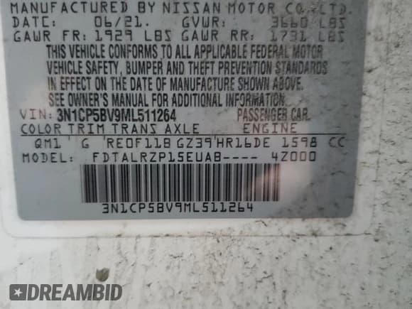 ✅ 2021 Nissan Kicks S • VIN: 3N1CP5BV9ML511264 • Lot: 86716825. Listed on Copart with 77,851 mi. Free auction sales archive from the USA and detailed vehicle history report at DreamBid. Image 14.