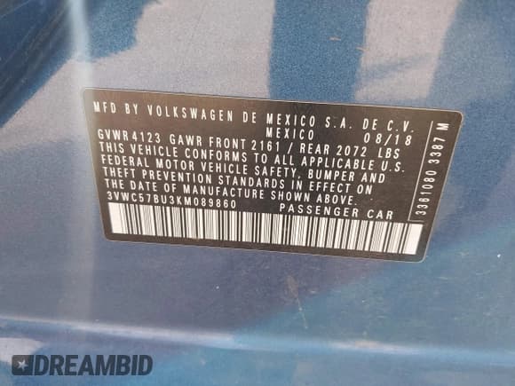 ✅ 2019 Volkswagen Jetta S • VIN: 3VWC57BU3KM089860 • Lot: 43661010. Listed on IAAI with 123,582 mi. Free auction sales archive from the USA and detailed vehicle history report at DreamBid. Image 9.