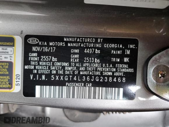 ✅ 2018 Kia Optima S • VIN: 5XXGT4L36JG238468 • Lot: 57234575. Listed on Copart with 61,458 mi. Free auction sales archive from the USA and detailed vehicle history report at DreamBid. Image 13.