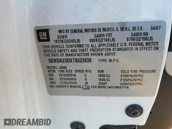 ✅ 2007 Chevrolet HHR LT • VIN: 3GNDA23DX7S623838 • Lot: 47184535. Listed on Copart with 155,596 mi. Free auction sales archive from the USA and detailed vehicle history report at DreamBid. Image 13.