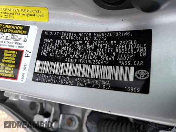 2013 Toyota Camry L с VIN 4T1BF1FK1DU266417, выставлен на аукционе Copart как лот 73972983 с пробегом Не указан миль и Списание • Salvage title. История ставок и продаж доступна на DreamBid. Изображение 12.