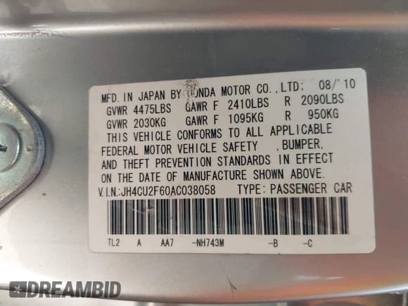 ✅ 2010 Acura TSX • VIN: JH4CU2F60AC038058 • Lot: 42501248. Listed on IAAI with 227,651 mi. Free auction sales archive from the USA and detailed vehicle history report at DreamBid. Image 9.