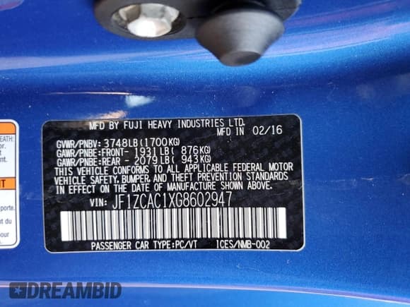 ✅ 2016 Subaru BRZ Limited • VIN: JF1ZCAC1XG8602947 • Lot: 82478504. Listed on Copart with 54,866 mi. Free auction sales archive from the USA and detailed vehicle history report at DreamBid. Image 14.