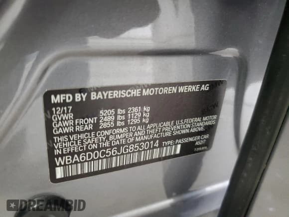 ✅ 2018 BMW 6 Series 640i • VIN: WBA6D0C56JG853014 • Lot: 81245655. Listed on Copart with 52,753 mi. Free auction sales archive from the USA and detailed vehicle history report at DreamBid. Image 12.