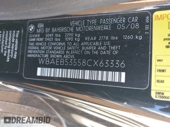 ✅ 2008 BMW 6 Series 650i • VIN: WBAEB53558CX63336 • Lot: 41780773. Listed on IAAI with 169,556 mi. Free auction sales archive from the USA and detailed vehicle history report at DreamBid. Image 9.