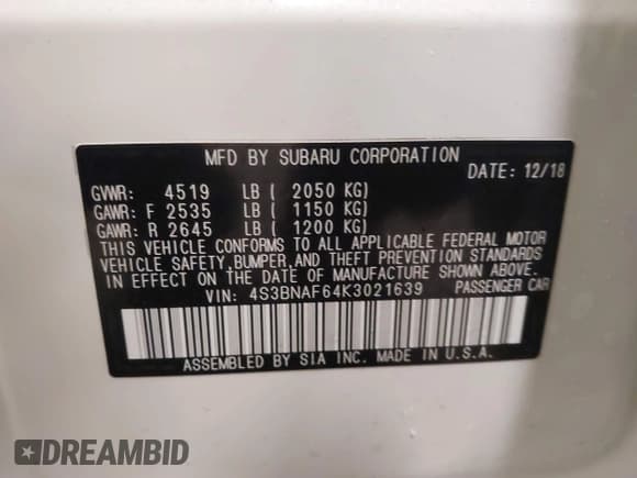 ✅ 2019 Subaru Legacy Premium • VIN: 4S3BNAF64K3021639 • Lot: 41354399. Listed on IAAI with 88,655 mi. Free auction sales archive from the USA and detailed vehicle history report at DreamBid. Image 9.