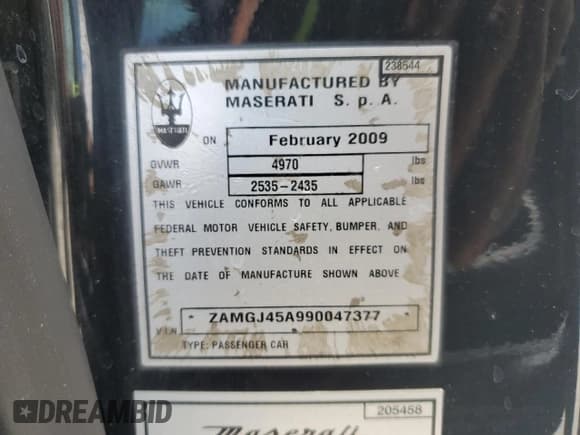 ✅ 2009 Maserati GranTurismo • VIN: ZAMGJ45A990047377 • Lot: 60991755. Listed on Copart with 95,562 mi. Free auction sales archive from the USA and detailed vehicle history report at DreamBid. Image 12.