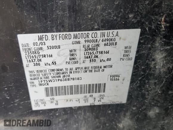 ✅ 2003 Ford F-350 XL • VIN: 1FTSW31P63EB78183 • Лот: 81286075. Опубликован ранее на Copart с пробегом 184 427 миль. Бесплатный доступ к архиву аукционных продаж из США и подробный отчёт об истории автомобиля на DreamBid. Изображение 12.