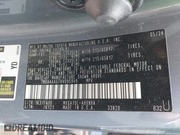 ✅ 2024 Toyota Corolla Cross L • VIN: 7MUAAAAG7RV095949 • Lot: 41956005. Listed on IAAI with 22,802 mi. Free auction sales archive from the USA and detailed vehicle history report at DreamBid. Image 9.