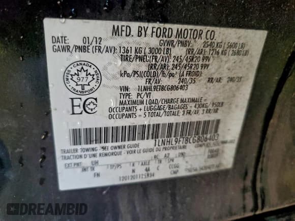 ✅ 2012 Lincoln MKS EcoBoost • VIN: 1LNHL9FT8CG806403 • Lot: 96263755. Listed on Copart with 138,772 mi. Free auction sales archive from the USA and detailed vehicle history report at DreamBid. Image 12.