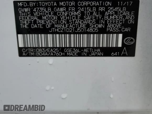 ✅ 2018 Lexus IS 350 • VIN: JTHCZ1D21J5014805 • Lot: 61384665. Listed on Copart with 3,559 mi. Free auction sales archive from the USA and detailed vehicle history report at DreamBid. Image 12.