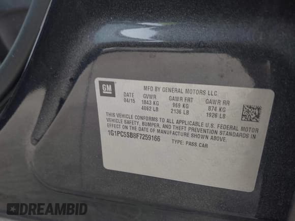 ✅ 2015 Chevrolet Cruze LT • VIN: 1G1PC5SB8F7259166 • Lot: 43535489. Listed on IAAI with 70,739 mi. Free auction sales archive from the USA and detailed vehicle history report at DreamBid. Image 9.