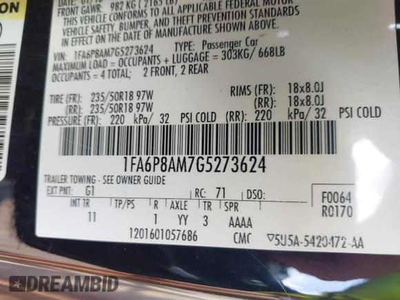 ✅ 2016 Ford Mustang V6 • VIN: 1FA6P8AM7G5273624 • Lot: 43361053. Listed on IAAI with 98,205 mi. Free auction sales archive from the USA and detailed vehicle history report at DreamBid. Image 9.