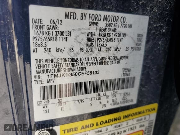 ✅ 2012 Ford Expedition Max XL • VIN: 1FMJK1G50CEF58133 • Lot: 58022055. Listed on Copart with 121,705 mi. Free auction sales archive from the USA and detailed vehicle history report at DreamBid. Image 13.