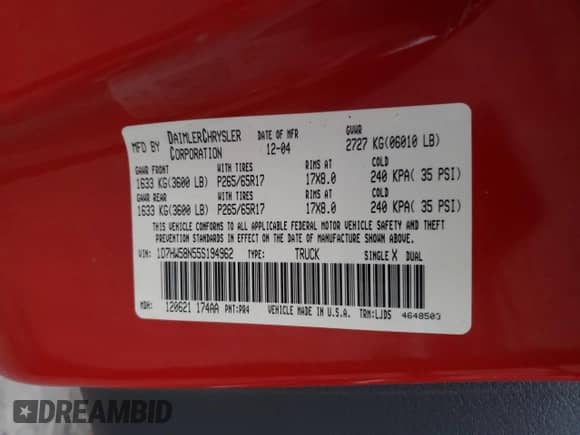 2005 Dodge Dakota Laramie z VIN 1D7HW58N55S194962, wystawiony jako Copart lot #78866464 z przebiegiem Nie podano mil oraz Szkoda całkowita • Salvage title. Historia ofert i sprzedaży dostępna na DreamBid. Obrazek 12.