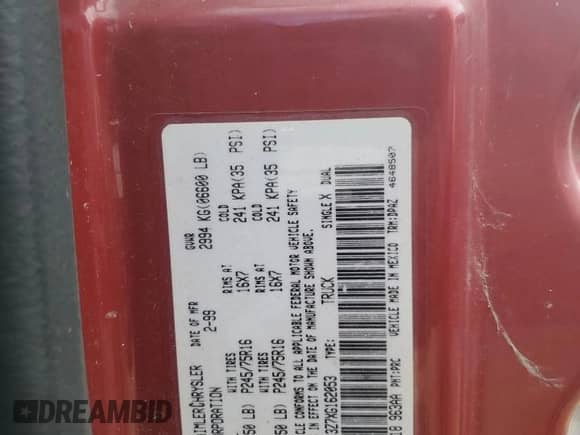 1999 Dodge 1500 с VIN 3B7HF13Z7XG162053, выставлен на аукционе Copart как лот 79352624 с пробегом Не указан миль и Списание • Salvage title. История ставок и продаж доступна на DreamBid. Изображение 12.