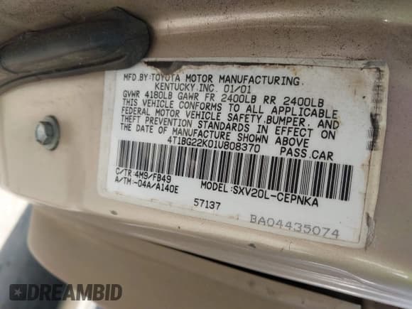 ✅ 2001 Toyota Camry CE • VIN: 4T1BG22K01U808370 • Lot: 43045061. Listed on IAAI with Not provided. Free auction sales archive from the USA and detailed vehicle history report at DreamBid. Image 9.