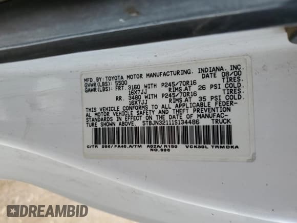 ✅ 2001 Toyota Tundra • VIN: 5TBJN32111S134486 • Лот: 62932285. Опубликован ранее на Copart с пробегом Не указан. Бесплатный доступ к архиву аукционных продаж из США и подробный отчёт об истории автомобиля на DreamBid. Изображение 12.