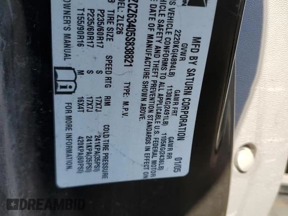 ✅ 2005 Saturn VUE • VIN: 5GZCZ63405S838821 • Lot: 46949365. Wystawiony na Copart z przebiegiem 239 402 mil. Bezpłatny archiwum sprzedaży aukcyjnych z USA i szczegółowy raport historii pojazdu na DreamBid. Zdjęcie 13.