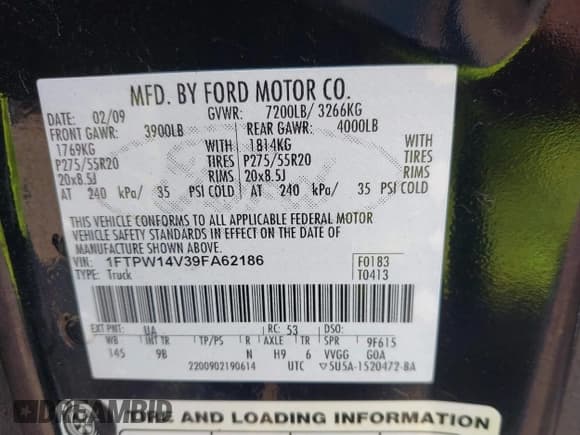 ✅ 2009 Ford F-150 XL • VIN: 1FTPW14V39FA62186 • Lot: 43203186. Listed on IAAI with 234,283 mi. Free auction sales archive from the USA and detailed vehicle history report at DreamBid. Image 9.