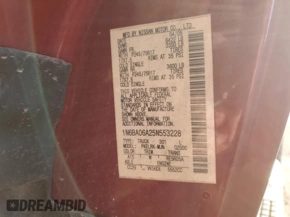 ✅ 2005 Nissan Titan XE • VIN: 1N6BA06A25N553228 • Lot: 47136205. Listed on Copart with 227,151 mi. Free auction sales archive from the USA and detailed vehicle history report at DreamBid. Image 12.