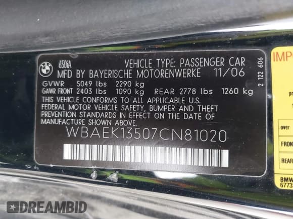 ✅ 2007 BMW 6 Series 650i • VIN: WBAEK13507CN81020 • Лот: 42167743. Опубликован ранее на IAAI с пробегом 127 552 миль. Бесплатный доступ к архиву аукционных продаж из США и подробный отчёт об истории автомобиля на DreamBid. Изображение 9.