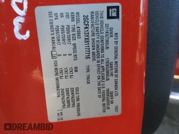 ✅ 2008 Chevrolet Silverado 1500 LTZ • VIN: 2GCFK13YX81177716 • Lot: 88589025. Listed on Copart with 239,867 mi. Free auction sales archive from the USA and detailed vehicle history report at DreamBid. Image 12.