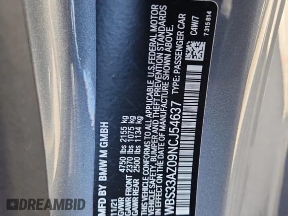 ✅ 2022 BMW M4 Competition • VIN: WBS33AZ09NCJ54637 • Лот: 71727295. Опубликован ранее на Copart с пробегом Не указан. Бесплатный доступ к архиву аукционных продаж из США и подробный отчёт об истории автомобиля на DreamBid. Изображение 12.