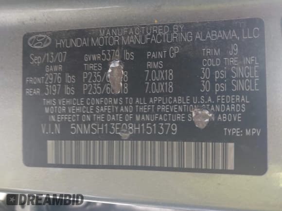 ✅ 2008 Hyundai Santa Fe SE • VIN: 5NMSH13E08H151379 • Lot: 43624134. Listed on IAAI with 208,856 mi. Free auction sales archive from the USA and detailed vehicle history report at DreamBid. Image 9.