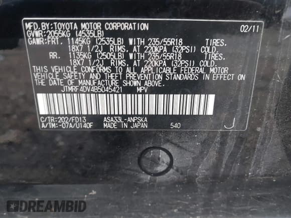 ✅ 2011 Toyota RAV4 Sport • VIN: JTMRF4DV4B5045421 • Lot: 43858182. Listed on IAAI with 244,456 mi. Free auction sales archive from the USA and detailed vehicle history report at DreamBid. Image 9.