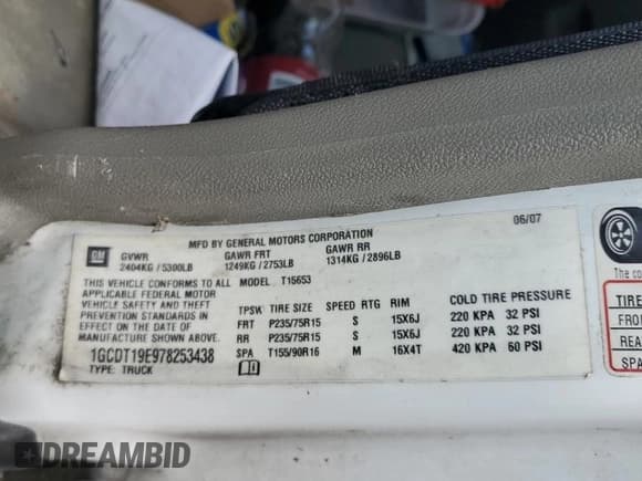 ✅ 2007 Chevrolet Colorado Work Truck • VIN: 1GCDT19E978253438 • Lot: 85782534. Listed on Copart with 246,315 mi. Free auction sales archive from the USA and detailed vehicle history report at DreamBid. Image 13.