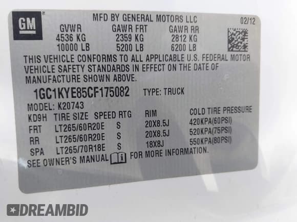 ✅ 2012 Chevrolet Silverado 2500HD LTZ • VIN: 1GC1KYE85CF175082 • Lot: 43259325. Listed on IAAI with Not provided. Free auction sales archive from the USA and detailed vehicle history report at DreamBid. Image 9.