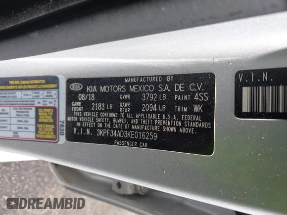 ✅ 2019 Kia Forte S • VIN: 3KPF34AD3KE016259 • Lot: 43183112. Listed on IAAI with 53,335 mi. Free auction sales archive from the USA and detailed vehicle history report at DreamBid. Image 9.