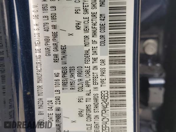 ✅ 2024 Mazda 3 S Preferred • VIN: 3MZBPACM7RM424663 • Lot: 52496455. Listed on Copart with 2,198 mi. Free auction sales archive from the USA and detailed vehicle history report at DreamBid. Image 13.