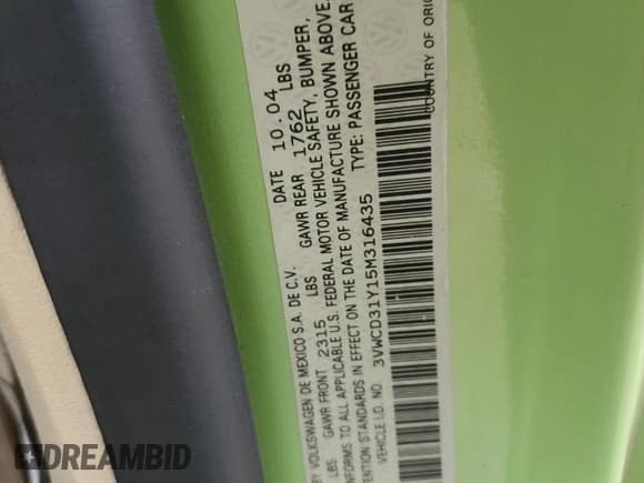 ✅ 2005 Volkswagen Beetle GLS • VIN: 3VWCD31Y15M316435 • Lot: 43012955. Listed on Copart with 99,428 mi. Free auction sales archive from the USA and detailed vehicle history report at DreamBid. Image 12.