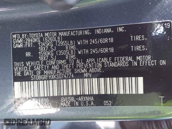 ✅ 2019 Toyota Highlander Hybrid LE • VIN: 5TDBGRFHXKS074774 • Лот: 42349946. Опубликован ранее на IAAI с пробегом 81 650 миль. Бесплатный доступ к архиву аукционных продаж из США и подробный отчёт об истории автомобиля на DreamBid. Изображение 9.