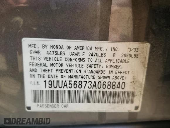 ✅ 2003 Acura TL Type S • VIN: 19UUA56873A068840 • Lot: 69646665. Listed on Copart with 128,707 mi. Free auction sales archive from the USA and detailed vehicle history report at DreamBid. Image 12.