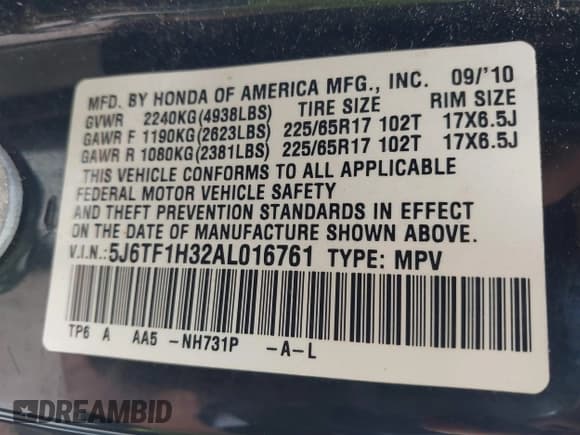 ✅ 2010 Honda Crosstour EX • VIN: 5J6TF1H32AL016761 • Лот: 43254136. Опубликован ранее на IAAI с пробегом 172 133 миль. Бесплатный доступ к архиву аукционных продаж из США и подробный отчёт об истории автомобиля на DreamBid. Изображение 9.