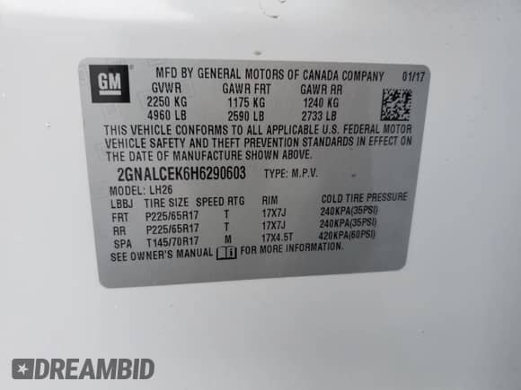 2017 Chevrolet Equinox LT with VIN 2GNALCEK6H6290603, listed as a Copart auction lot 82779775 with 96,034 mi miles and Salvage title. Bid and sale history available at DreamBid. Image 13.