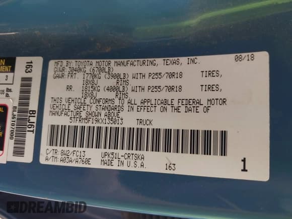 ✅ 2019 Toyota Tundra SR • VIN: 5TFRM5F19KX135013 • Lot: 41469991. Wystawiony na IAAI z przebiegiem 152 889 mil. Bezpłatny archiwum sprzedaży aukcyjnych z USA i szczegółowy raport historii pojazdu na DreamBid. Zdjęcie 9.