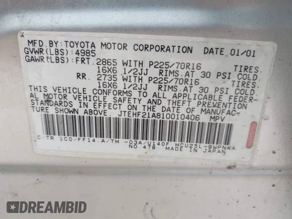 2001 Toyota Highlander с VIN JTEHF21A810010406, выставлен на аукционе IAAI как лот 43284633 с пробегом 133 098 миль миль и . История ставок и продаж доступна на DreamBid. Изображение 9.