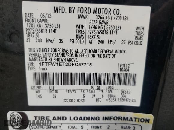 ✅ 2013 Ford F-150 XL • VIN: 1FTFW1ET2DFC57715 • Lot: 60750985. Wystawiony na Copart z przebiegiem 220 753 mil. Bezpłatny archiwum sprzedaży aukcyjnych z USA i szczegółowy raport historii pojazdu na DreamBid. Zdjęcie 12.